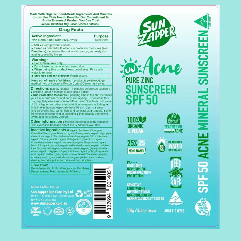 Pure Zinc SPF 50 Acne Non Comedogenic Sun Cream for Sensitive Skin
